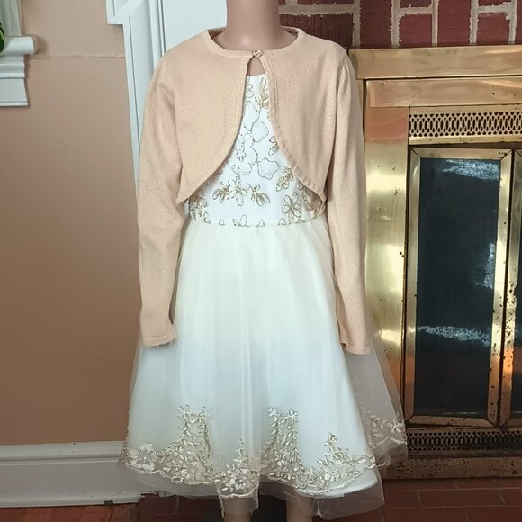 Rare Too Ivory Gold Beaded Dress 8 Formal Tulle with Cap Sleeves & Tan Sweater - Picture 3 of 12